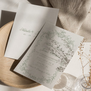 Invitation Mariage Rétro Élégant Vert Sauge Ancien Argent Cla