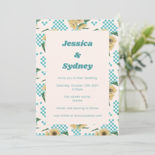 Invitation Mariage rétro en tableau de tournesol Turquoise (Debout devant)