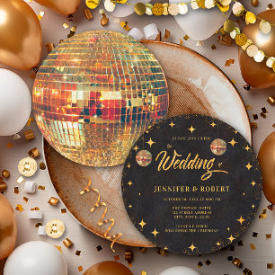 Invitation Mariage Rétro Étoiles Boule Disco Paillettes Noir 