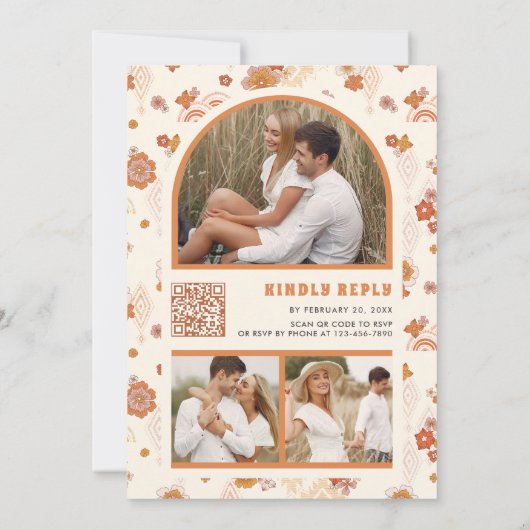 Invitation Mariage rétro fleuri sauvage groovy orange crème (Dos)