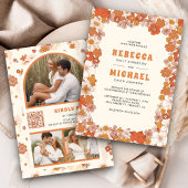 Invitation Mariage rétro fleuri sauvage groovy orange crème