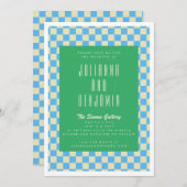 Invitation Mariage Retro Green et Blue Checkerboard (Devant / Derrière)