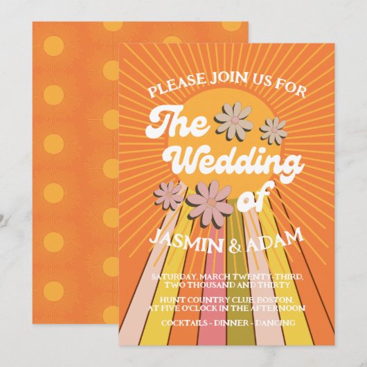 Invitation Mariage Rétro Groovy Orange Daisy (Devant / Derrière)