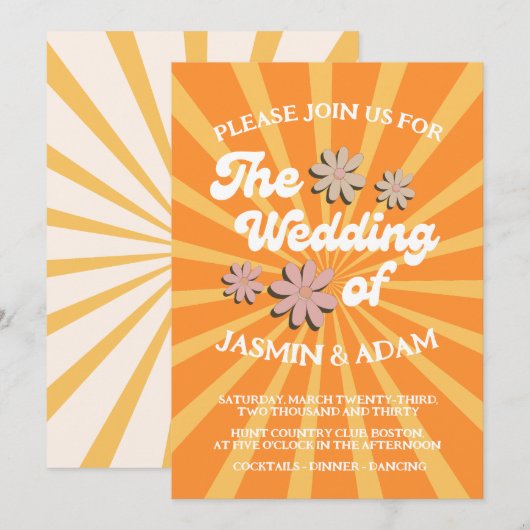 Invitation Mariage Rétro Groovy Orange Daisy Sunburst (Devant / Derrière)