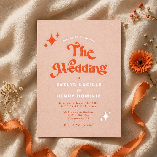 Invitation Mariage Rétro Moderne Groovy Script Orange Douce