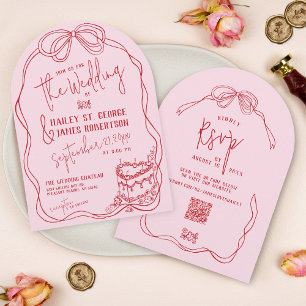 Invitation Mariage rétro moderne Quirky Main Tirée Bow PINK