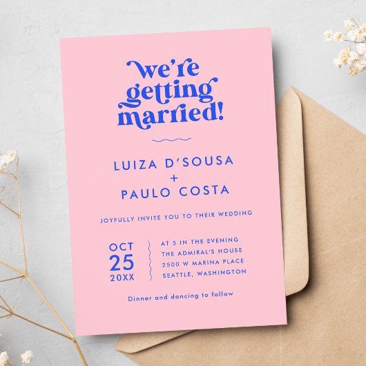 Invitation Mariage rétro moderne rose et bleu
