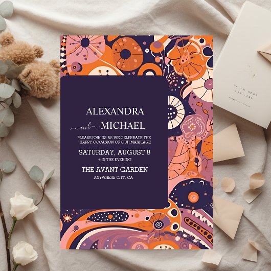 Invitation Mariage rétro orange blush rose violet groovy