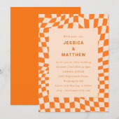 Invitation Mariage Rétro Orange Peach Damier Ondulé (Devant / Derrière)