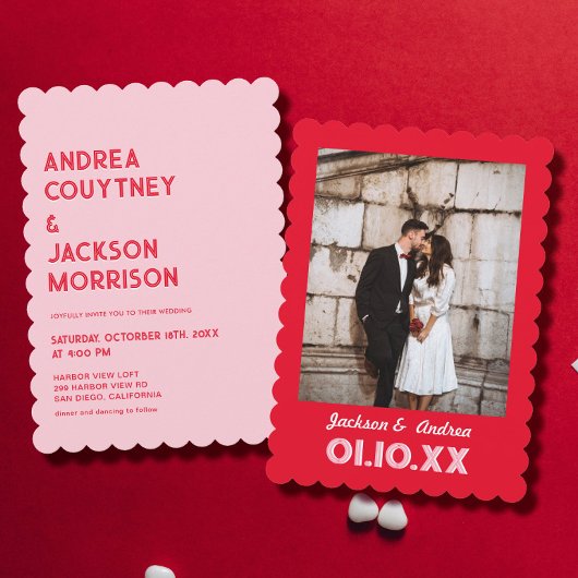Invitation Mariage Rétro Rose et Rouge