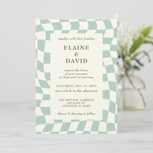 Invitation Mariage Retro Super Green Checkerboard (Debout devant)