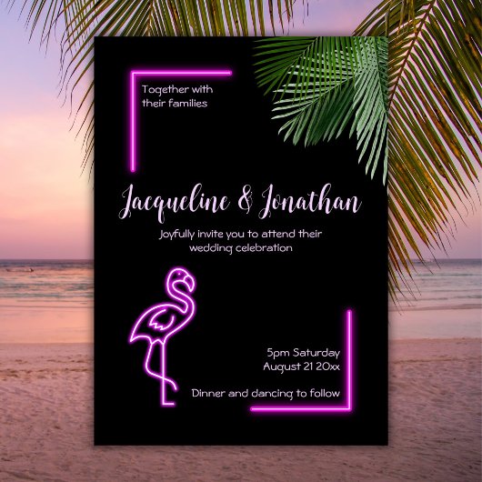 Invitation Mariage rétro tropical néon flamant rose personnal