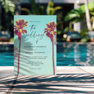 Invitation Mariage Rétro Tropical Palmiers Plage Côtière