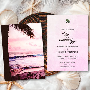 Invitation Mariage Retro Tropical Pink Palm Tree Beach Sunset