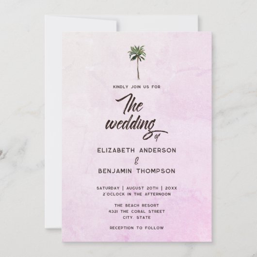 Invitation Mariage Retro Tropical Pink Palm Tree Beach Sunset (Devant)