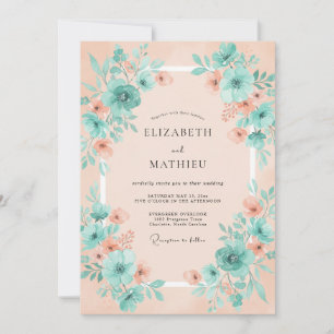 Invitation Mariage rêvé floral turquoise pêche