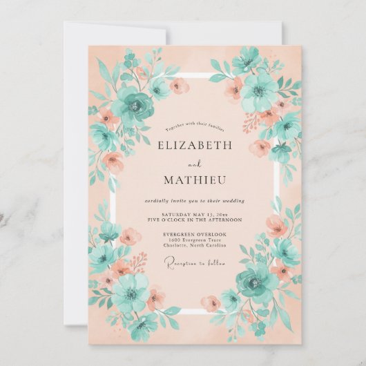 Invitation Mariage rêvé floral turquoise pêche (Devant)