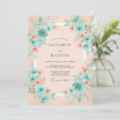 Invitation Mariage rêvé floral turquoise pêche (Debout devant)