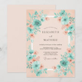 Invitation Mariage rêvé floral turquoise pêche (Devant / Derrière)