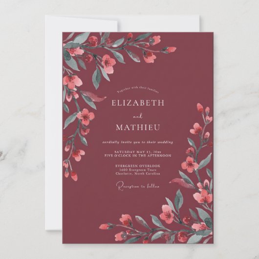 Invitation Mariage Rêveur Fleurissant Rouge (Devant)