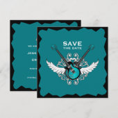 Invitation Mariage Rock 'n' Roll Enregistrez la Date Noir Tur (Devant / Derrière)