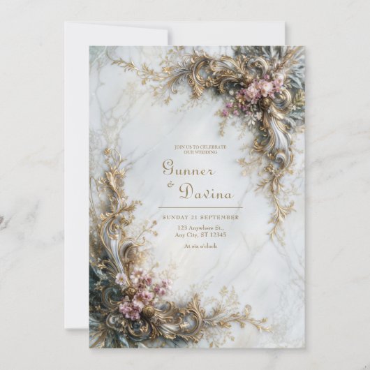 Invitation Mariage Rococo Fleur Rose Or Marbre Blanc (Devant)