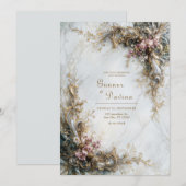 Invitation Mariage Rococo Fleur Rose Or Marbre Blanc (Devant / Derrière)