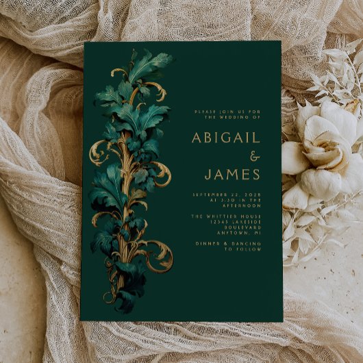 Invitation Mariage Rococo Orné de Feuillage Vert Émeraude et 