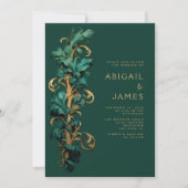 Invitation Mariage Rococo Orné de Feuillage Vert Émeraude et  (Devant)