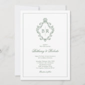 Invitation Mariage Rococo Vintage Monogram Vert Sauge (Devant)