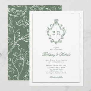 Invitation Mariage Rococo Vintage Monogram Vert Sauge