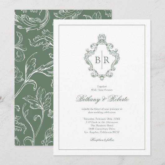 Invitation Mariage Rococo Vintage Monogram Vert Sauge (Devant / Derrière)