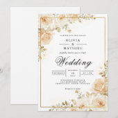 Invitation Mariage romain en fleurs de pêche dorées (Devant / Derrière)