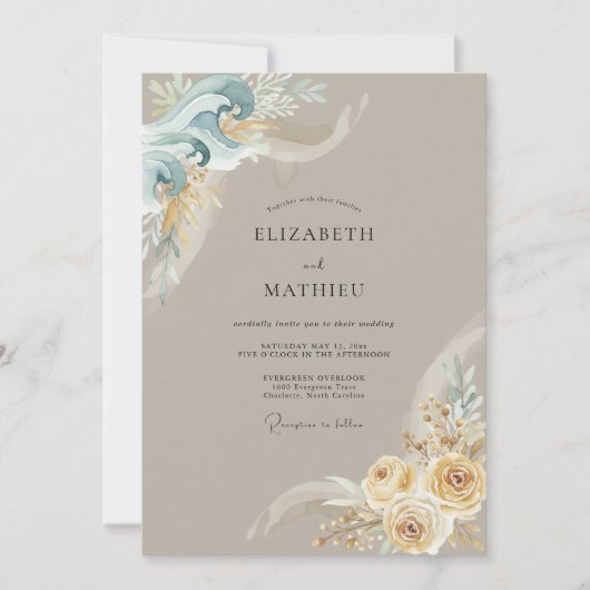 Invitation Mariage Romance Botanique Côtière Sarcelle (Devant)