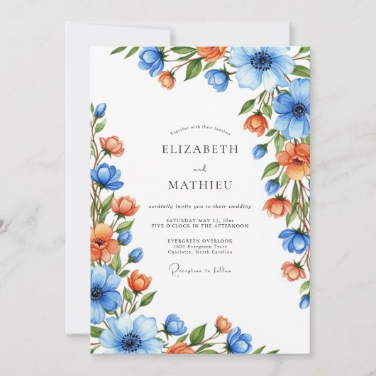 Invitation Mariage Romance Botanique Orange Bleu (Devant)