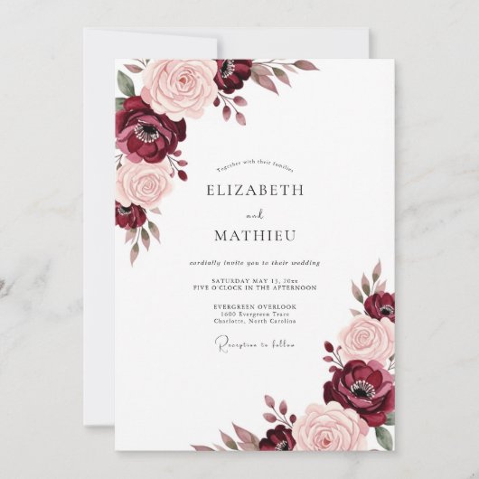 Invitation Mariage Romance Bourguignon aux Roses (Devant)