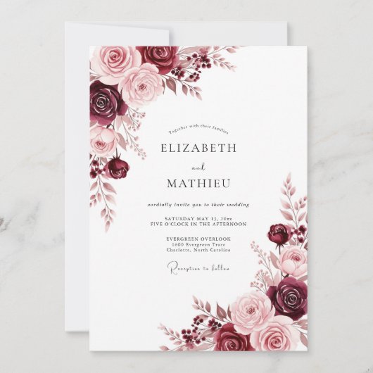 Invitation Mariage Romance Bourguignonne en Fleurs (Devant)