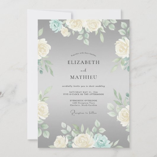 Invitation Mariage Romance Crème Fleur Gris (Devant)