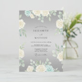 Invitation Mariage Romance Crème Fleur Gris (Debout devant)