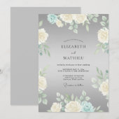 Invitation Mariage Romance Crème Fleur Gris (Devant / Derrière)