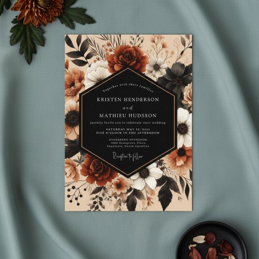 Invitation Mariage Romance d'Automne à Fleurs Rouge Profond
