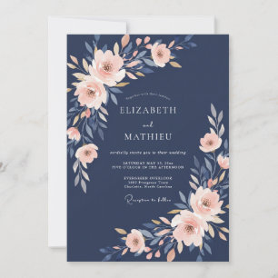 Invitation Mariage Romance Douce Fleur Navy