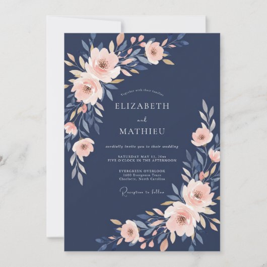 Invitation Mariage Romance Douce Fleur Navy (Devant)
