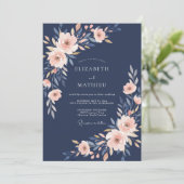 Invitation Mariage Romance Douce Fleur Navy (Debout devant)