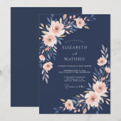 Invitation Mariage Romance Douce Fleur Navy (Devant / Derrière)