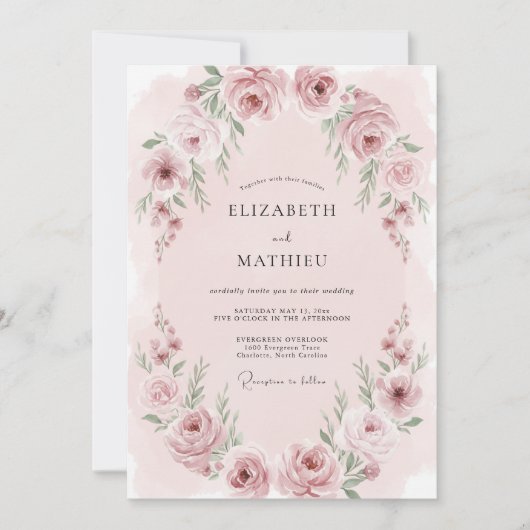 Invitation Mariage Romance Éthérée Rose Carmin (Devant)