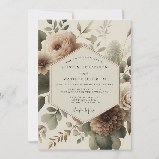 Invitation Mariage Romance Fleur Beige (Devant)
