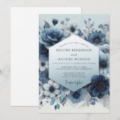 Invitation Mariage Romance Fleur Bleu Ardoise (Devant / Derrière)