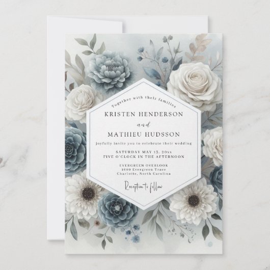Invitation Mariage Romance Fleur Bleu Ardoise (Devant)