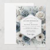Invitation Mariage Romance Fleur Bleu Ardoise (Devant / Derrière)